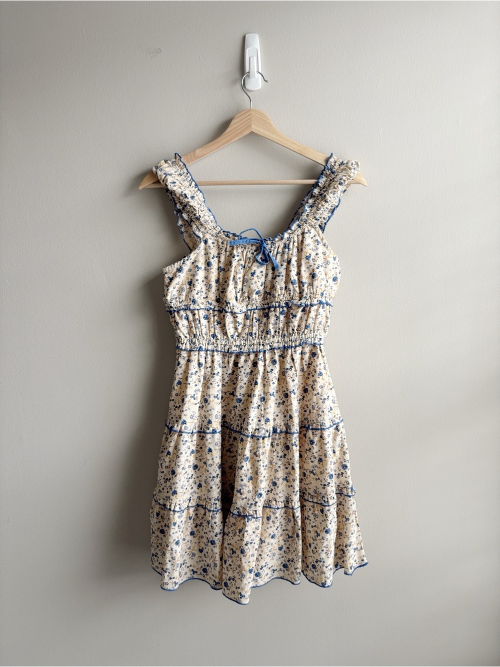 Floral Ruffle-Stripe Sundress in Cream and Blue